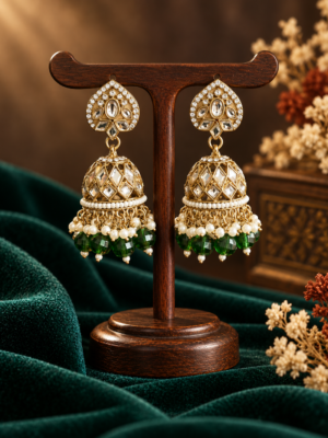 Aadya dark green Kundan jhumka earrings with ornamental tops, stone-set domes and hanging bead accents
