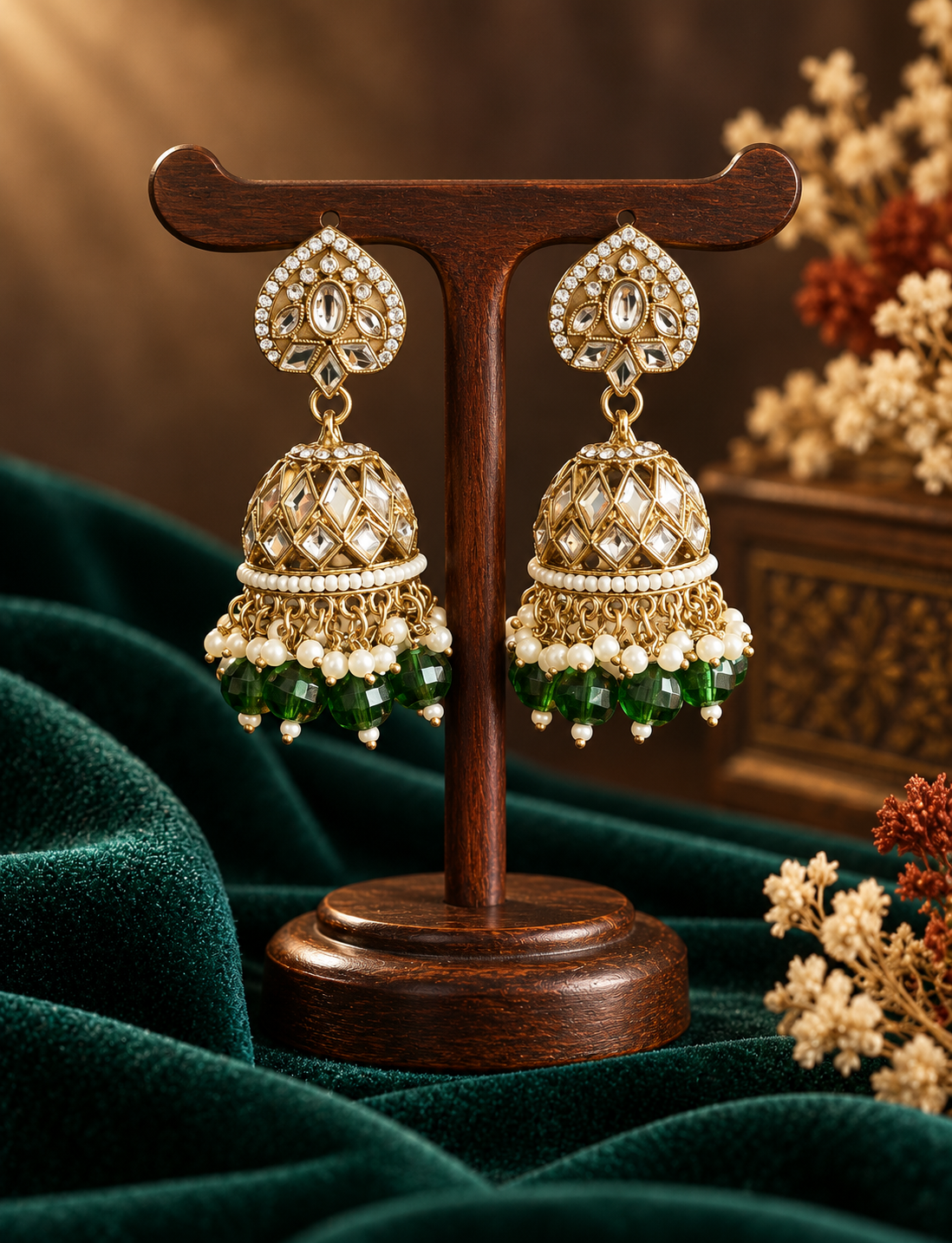 Aadya dark green Kundan jhumka earrings with ornamental tops, stone-set domes and hanging bead accents