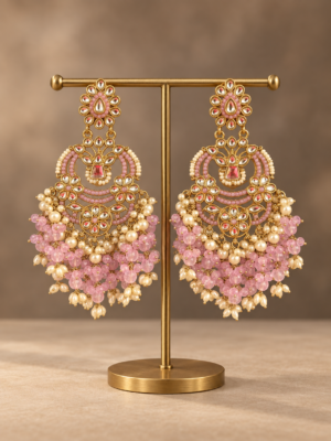 Nia lavender Kundan Chandbali earrings with pearl accents and cascading bead tassels