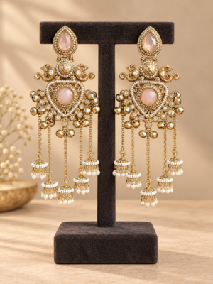 Namita light pink Kashmiri peacock jhumka earrings with ghungroo accents and cascading miniature jhumka drops