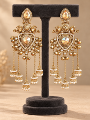 Namita Golden Kashmiri peacock jhumka earrings with ghungroo accents and cascading miniature jhumka drops