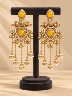 Namita yellow Kashmiri peacock jhumka earrings with ghungroo accents and cascading miniature jhumka drops