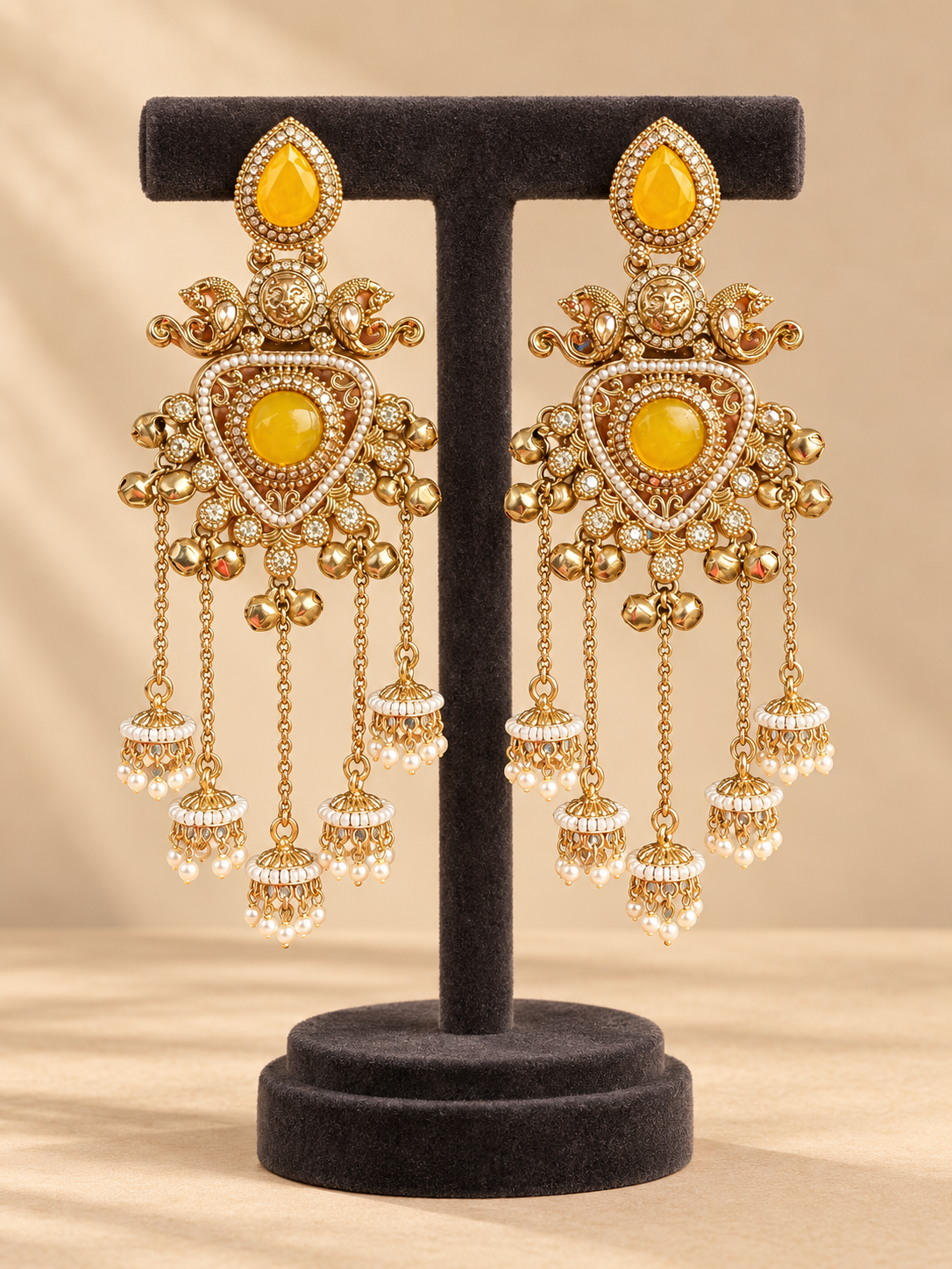 Namita yellow Kashmiri peacock jhumka earrings with ghungroo accents and cascading miniature jhumka drops