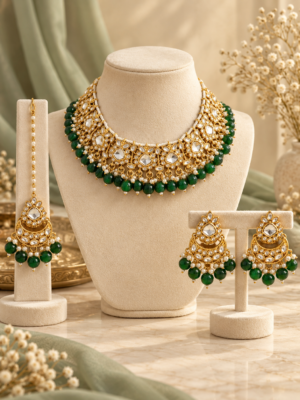Gold-toned Kundan necklace with dark green bead drops, matching chandbali earrings and maang tikka on a burgundy bust