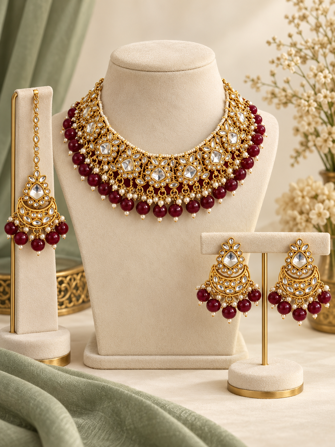Aaratrika red Kundan necklace set with matching chandbali earrings and maang tikka