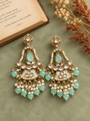 Radhika mint green Kundan dangler earrings with ornamental frames, teardrop accents and hanging beads