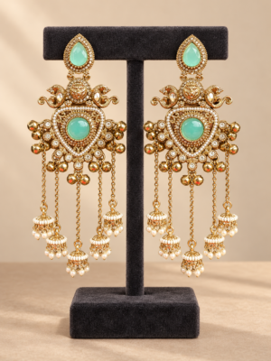 Namita mint green Kashmiri peacock jhumka earrings with ghungroo accents and cascading miniature jhumka drops