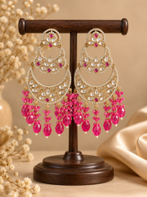 Varnika dark pink layered Kundan chandbali earrings with floral motifs, clear stone borders and cascading bead drops