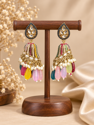 Chitra multicolour jhumka earrings with teardrop tops, gold-tone domes, white bead accents and colourful hanging bead drops