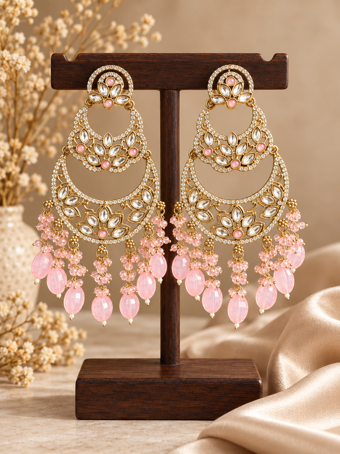 Varnika light pink layered Kundan chandbali earrings with floral motifs, clear stone borders and cascading bead drops