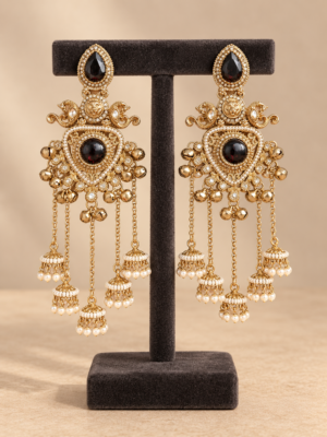 Namita black Kashmiri earrings with peacock motifs, ghungroo accents and cascading miniature jhumkas