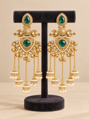 Namita teal green Kashmiri peacock jhumka earrings with ghungroo accents and cascading miniature jhumka drops