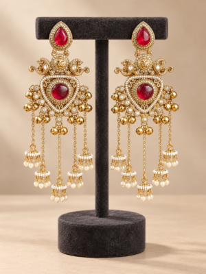 Namita red Kashmiri peacock jhumka earrings with ghungroo accents and cascading miniature jhumka drops