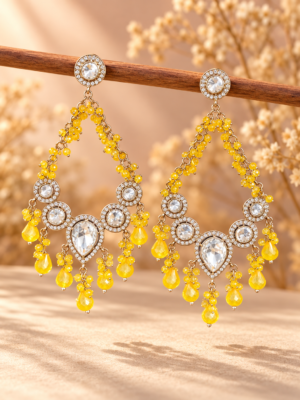 Ruhina yellow beaded Kundan Chandbali earrings with white stones and teardrop drops