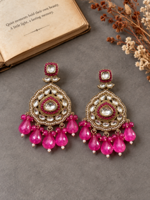 Jhansi dark pink Kundan Chandbali earrings with reflective stones and teardrop bead drops