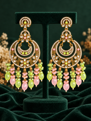 Yashika Mint Pink Kundan chandbali earrings with layered crescents, floral motifs and cascading bead drops