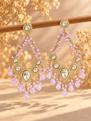 Ruhina lavender beaded Kundan Chandbali earrings with white stones and teardrop drops