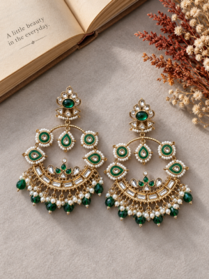 Mahima dark green Kundan chandbali earrings with layered motifs and hanging bead accents
