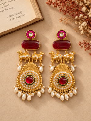 Jeeva Kashmiri chandbali earrings in dark pink