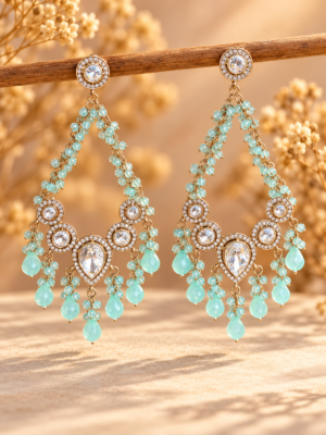 Ruhina mint green beaded Kundan Chandbali earrings with white stones and teardrop drops