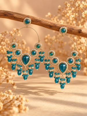 Naazira teal green chandelier hoop earrings with cascading bead drops