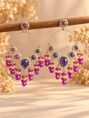Naazira purple stone chandelier hoop earrings with cascading bead drops