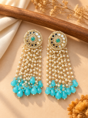Maheera light blue long Kundan tassel earrings with circular ornamental tops and cascading beaded chains