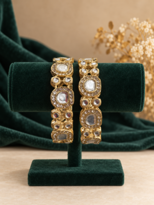Avyanna white mirror Kundan kada set of 2 with cushion-shaped reflective stones