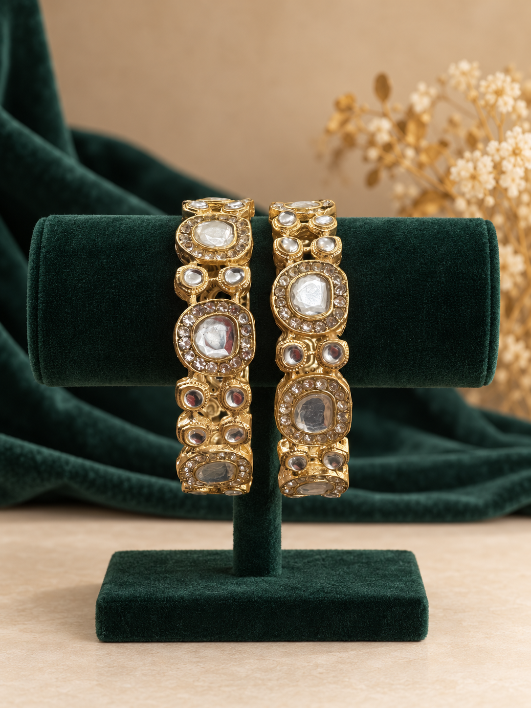 Avyanna white mirror Kundan kada set of 2 with cushion-shaped reflective stones
