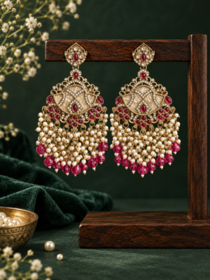 Simi dark pink Kundan pearl Chandbali earrings with cascading white bead tassels