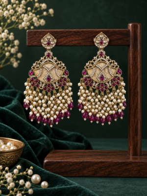 Simi purple Kundan pearl Chandbali earrings with cascading white bead tassels