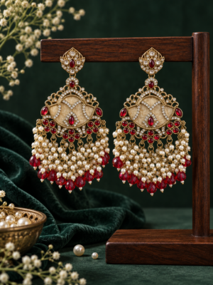 Simi red Kundan pearl Chandbali earrings with ruby stones and cascading bead tassels